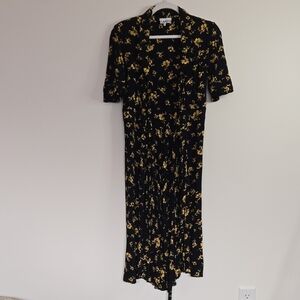 GANNI Black Midi Dress with Yellow Floral Print